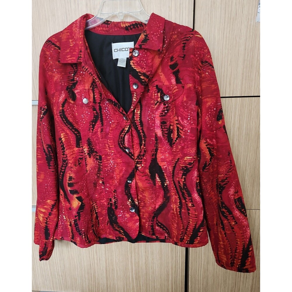 Chico's Red Sequined & Multiprint Cobra Jacket Size 2 US 12